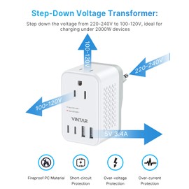 220V to 110V Travel Voltage Converter US to Europe, VINTAR 2000W Foldable European Travel Plug Adapter with 4 USB (2 USB C), Converter for European Travel for Hair Dryer Straightener Curling Iron