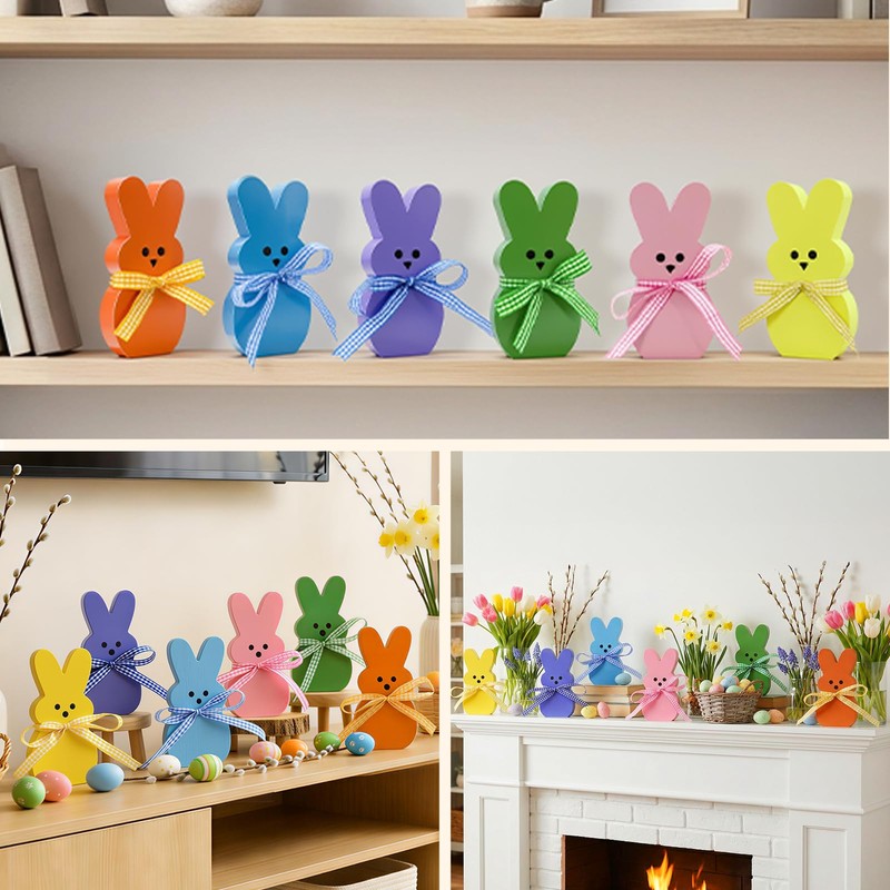 OLANRUN Easter Decorations for Home, 6 Pcs Wooden Bunny Table