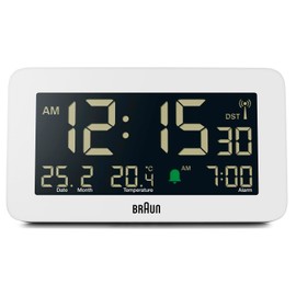 Braun Radio Digital Alarm Clock for Central European Time Zone (DCF) with Date, Month and Temperature Display, Negative LCD Display and White Alarm Sound, Model BC10W-DCF