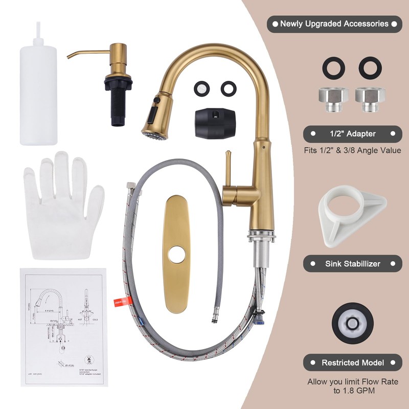 WOWOW Kitchen Faucet with Sprayer,Gold Single Handle High Arc Stainless