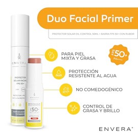 ENVERA - Duo Facial Protector Facial Solar Oil Control 50ml + Barra FPS 50+ con Rubor Natural "Peachy" Bloqueador con Color Piel Grasa |...