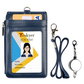 Teskyer ID Badge Holder with Retractable Lanyard, 4 Card Slots, Premium PU Leather ID Card Holder with Zipper Pocket, Easy Swipe ID Holder for Work ID, School ID, Metro Card and Access Card