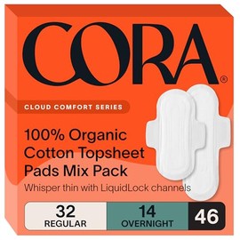 Cora 100% Organic Cotton Topsheet Pads Multipack (32 Regular, 14 Overnight Pads)