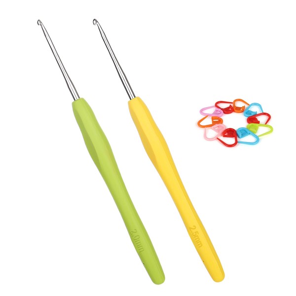 Coopay Crochet Hooks 2.0 mm and 2.5 mm, Pack of 2 Metal Crochet Hooks with Stitch Marker, Ergonomic Crochet Hook with Soft Grip for Arthritic Hands, Colourful TPR Handle Crochet Hook 2 2.5 mm for