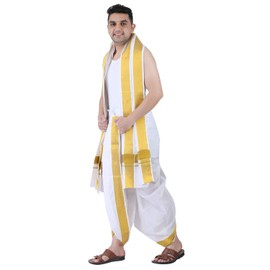 PRAKASAM COTTON Men's Panjakejam (Ready to wear) dhoti towel set with pocket- free size., White, Free