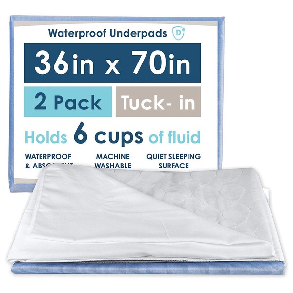 Dry Defender Incontinence Bed Pads Washable, 36" x 70" Tuck Washable Underpads, Absorbent Waterproof Mattress Pads for Bed, Reusable Incontinence Pads for Kids & Adult Underpads, Bedwetting, Pack of 2