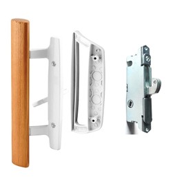 HauSun Sliding Glass Door Handle Set Oak Wood Interior Handle and Exterior Pull White Diecast Finish+Mortise Lock 45° Keyway Fits 3-15/16” Screw Hole Spacing, Non-keyed with Latch Locks(White)