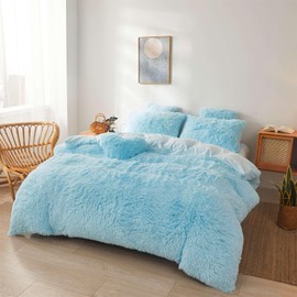 Fluffy Blue comforters Cover Twin Size - Ultra Soft Plush red Bedding Sets 2 Pieces (1 Faux Fur Comforter Cover + 1 Fuzzy Pillow case) Girls Shaggy Blue Twin Bed Set (Blue, Twin)