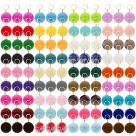 LECEHIVO 108 Pcs Colorful Pom Poms Keychain Bulk Pompoms Keychains Fuzzy Ball Keyring Thank You Gifts for Women Girls DIY (2.4 Inch)