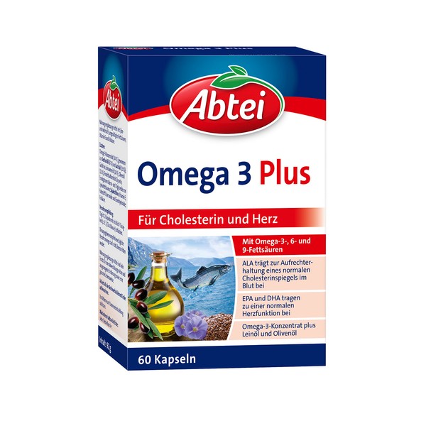 Abtei Omega 3 Plus - Dietary Supplement Rich in Omega-3 Fatty Acids for Cholesterol Levels and Heart Function - with Vitamin E and Folic Acid - 1 x 60 Capsules