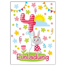 '12 Age 4 Girl's Colourful Children's Birthday Party Invitations Invites Birthday Girl Sweet Animals Cute Rabbit, Sweet