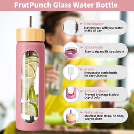 FrutPunch 18 OZ Glass Water Bottles, Water Bottle with Time Marker, Leakproof Glass Water Bottles with Silicone Sleeves, Suitable for Offices and Gyms. (pink)