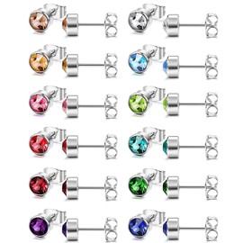 Feilok Women's Stud Earrings Stainless Steel Men's Earrings Piercing with Zirconia 6 mm 12 Pairs Gift for Women Christmas, Stainless Steel