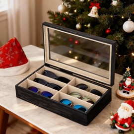 SRIWATANA Sunglasses Organizer Box, 6 Slot Eyeglasses Display Case Storage for Women Men, Christmas Gifts, Weathered Black