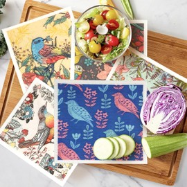 Sagevive - Paquete de 5 paños de cocina suecos | Alternativa a toallas de papel reutilizables | Esponjas y paños de cocina súper absorbentes y biodegradables para limpieza | 5 patrones vibrantes