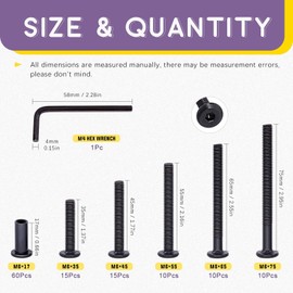 Swpeet 120Pcs M6x35mm/45mm/55mm/65mm/75mm Carbon Steel Black Hex Drive Socket Cap Bolts Barrel Nuts Kit with 1Pcs Allen Wrench, Screw Post Fit for Furniture Countsunk Belt Buckle Leather Binding Bolts