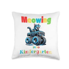 Meowing Into Kindergarten Funny Funny Cat Monster Truck Throw Pillow