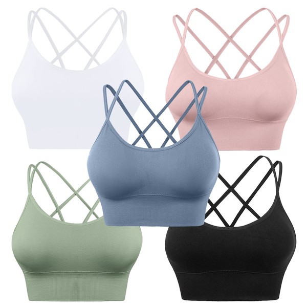 Evercute Cross Back Sport Bras Padded Strappy Criss Cross Cropped Bras for Yoga Workout Fitness Low Impact, ⑥black White Blue Green Pink 5 Pack, Small