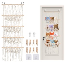 Qivine Toy Storage Net 4-Layer Boho Macrame Stuffed Toy Hammock with Wooden Clips and Hooks, Children's Room Hanging Cuddly Toy Organiser for Teddy Corner Toy