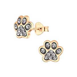 Paw Print Earrings Sterling Silver with Rose Gold Plating and Smokey Grey Crystal Stones