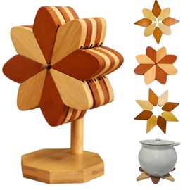 Fliqor Trivets for Hot Dishes Decorative,Kitchen Bamboo Trivets for Hot Dishes,Trivets for Hot Pots and Pans Set for Hot Dishes/Pot/Bowl/Teapot/Hot Pot Holders(5 Layers+1 Stand)