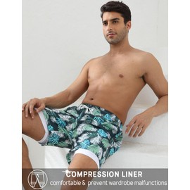 KBVOT Mens Swim Trunks with Compression Liner 7 inch Inseam 2 Pack Quick Dry Stretch Beach Shorts Bathing Suits Swimwear