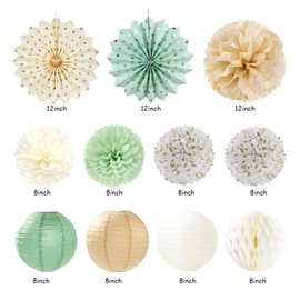 Sage-Green Champagne-Beige Baby Shower Party-Decorations - 21pcs Girls Boy Welcome Baby Banner,Paper Lanterns Pom Poms,Safari Woodland Boho Neutral Streamers Garland Decor Favors Huglony