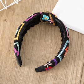 LIANXUE Floral Knitted Headband for Women Stretch Turban Floral Crocheted Granny-Square Ethnic Style Tie Head Wrap Headband