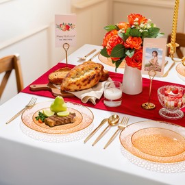 Rubtlamp 100Pcs Orange Plastic Plates, Orange Disposable Plates With Gold Rim, Hammered Plastic Plates Include 50 Dessert Platos, 50 Dinner Platos for Party