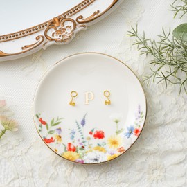 Crisky Flower Jewelry Tray Ring Dish & Gift Box, Ceramic Trinket Dish for Rings Earrings Necklaces Keys, Bridal Shower Engagement Birthday Gift for Women, Friends 4.57" (Gold Foil P