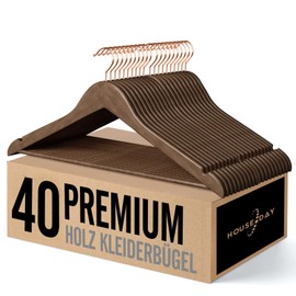 HOUSE DAY Wooden Hangers, 40 Wooden Clothes Hangers, Nut Brown for Suits, 360° Rotating Hook in Rose Gold, Non-Slip, Notches in the Shoulder Area