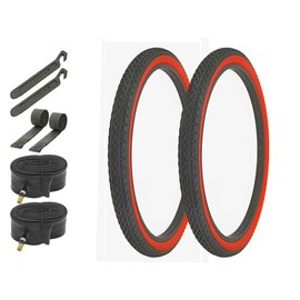ALTALINE Bicycle 26" x 2.125" Black/Red Side Wall 2 Tires W/Tubes, Strips, & Nylon Levers AL-1333 Diamond Style | (Two Tire) + (Two Standard Tube) + (Two Nylon Lever) + (Two Rim Strip)