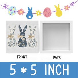 Easter Bunny Decor, Blue Floral Chinoiserie Easter Decoration, Grand Millennial Coquette Bow Decoration Wooden Box for Rustic Home Bedroom Living Room Table Shelf Office