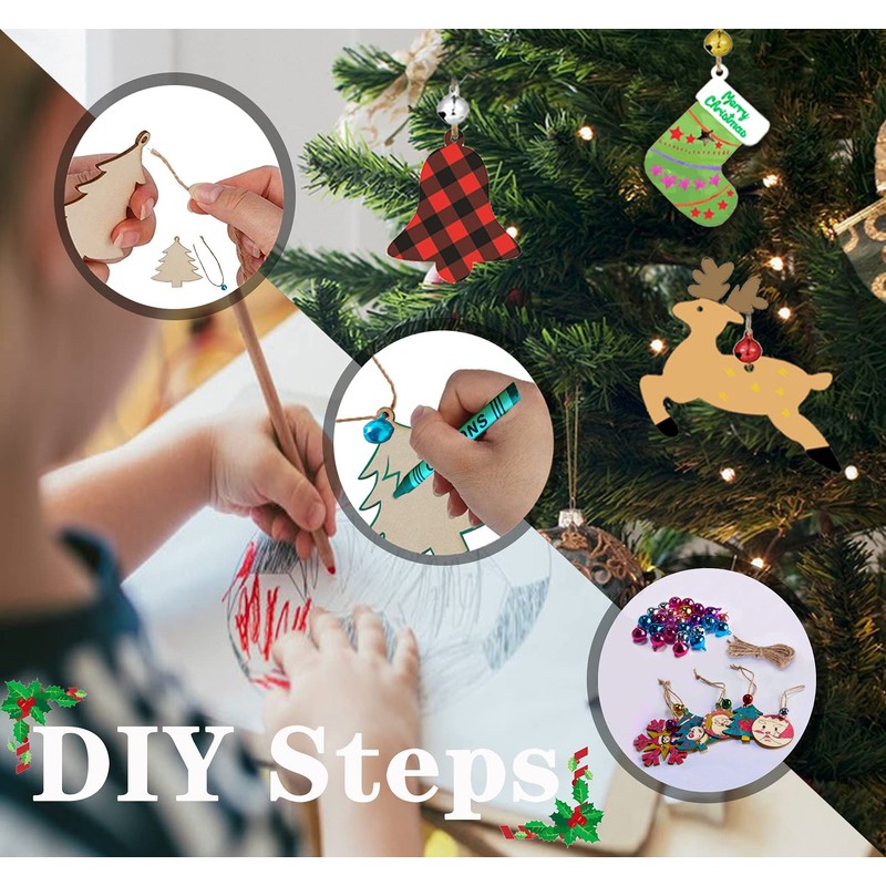 クリスマスオーナメント DIYアートクラフト 未完成の塗装可能な空白の装飾品 木製 50枚セット 10種類 サンタクロース/雪だるま/トナカイ/ベル/クリスマスツリ/ギフト/天使/靴下/雪片/ラブハーツ クリスマスツリー飾り屋内と屋外デコレーション壁掛け 玄関ぶら下げ 子供ギフト