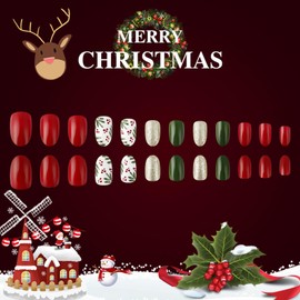 Christmas Press on Nails Short Oval Fake Nails with Glitter Designs Green Nails Press ons Glossy Glue on Nails Winter False Nails Red Full Cover Stick on Nails for Women 24Pcs