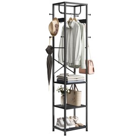 ELYKEN Coat Rack Freestanding, Hall Tree with 3 Storage Shelves and 12 Hooks, Metal Clothes Rack Stand Organizer for Bedroom, Hallway, Entryway, Office, Living Room, Black