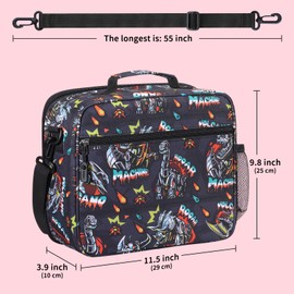 rockpapa Kids Lunch Bag for Kids with Strap, Waterproof, Stain & Oil-Resistant, Insulated LunchBag, Reusable Lunch Tote Bag Holds Lunch Box, Water Bottle & Snacks for School (Black Dinosaur)