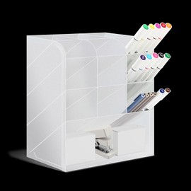 DSIOHFEI Clear Pen Holder, 7.5 x 3.5 x 8 inch Pencil holder for Desk, Marker Organizer with 13 Compartments, Art Supply Stationary Organizer for Office Supplies, Beaded, Makeup Brush, Cosmetics