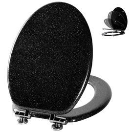 Angol Shiold Glitter Toilet Seat Molded Wood Elongated Toilet Seat with Quietly Close and Quick Release Hinges, Easy to Install also Easy to Clean (Elongated 18.5'', Black)