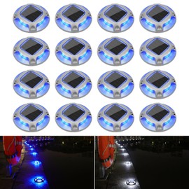 VOLISUN Solar Driveway Lights Dock Marine Lights 16 Pack,2 Colors in 1,Outdoor LED Deck Light,Solar Powered Waterproof Warning Step Light for Driveway Sidewalk Pathway (Blue/White),Saltwater Resistant