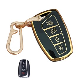 QIXIUBIA for Hyundai Key Fob Cover Smart Key Shell with Gold Keychain Fit for Hyundai Genesis Santa Fe Equus Azera Car Smart Keys (Black)