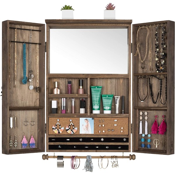 Large Rustic Wall Mounted Jewelry Organizer with Wooden Barndoor Decor. Jewelry holder for Necklaces, Earings, Bracelets, Ring Holder, and Accessories. Includes built-in mirror (Brown).