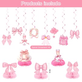 Pink Bow Party Decorations Bow Banners Hanging Swirls Cute Pink Bow Banners Ceiling Streamers for Women Girls Pink Bow Bachelorette Birthday