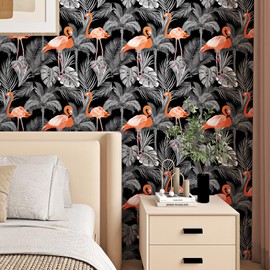 ReWallpaper 17.5in×23ft Peel and Stick Wallpaper Tropical Dark Grey Leaf Orange Flamingo Wallpaper for Bathroom Bedroom Girl Room Self Adhesive Jungle Wall Paper Removable Cabinet Contact Paper Walls