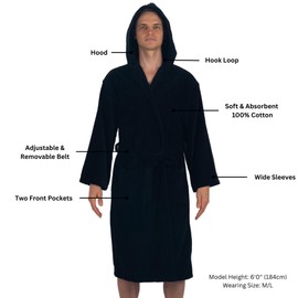 Alpine Swiss Dane Mens Hooded Bathrobe Pure Cotton Terry Cloth Long Robe for Men Super Absorbent Quick Drying Luxury Spa Robe BLK M/L