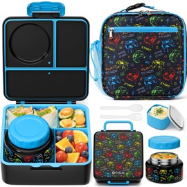 Fimibuke Bento lunch Box Set for Kids Adult with 8oz Thermos Food Jar, Insulated Lunch Bag &Sauce Cup, Leakproof Dishwasher Safe Toddler Lunch Food Container with 3-4 Compartment for School Girls Boys