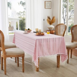 ZeeMart Hemstitched Embroidery Striped Boho Tablecloth 54x54 Inch Pink, Heavy Weight Farmhouse Burlap Linen Pink Tablecloth, Wrinkle Resistant Washable Table Cloth for Square Table