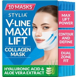 Stylia MaxiLift V-Line Lifting Collagen Face Mask – Enhanced Double Chin Reducer – Jawline Shaper Face Lifting Masks – Firming Neck Lift Collagen Mask – Chin Strap for Sleeping – Hyaluronic, Aloe 10PC