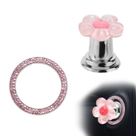 Pink Flower Car Start Button Cover, Bling Engine Stop Ring Sticker Cute Car Interior Decoration Accessories for Push to Start Ignition Knob