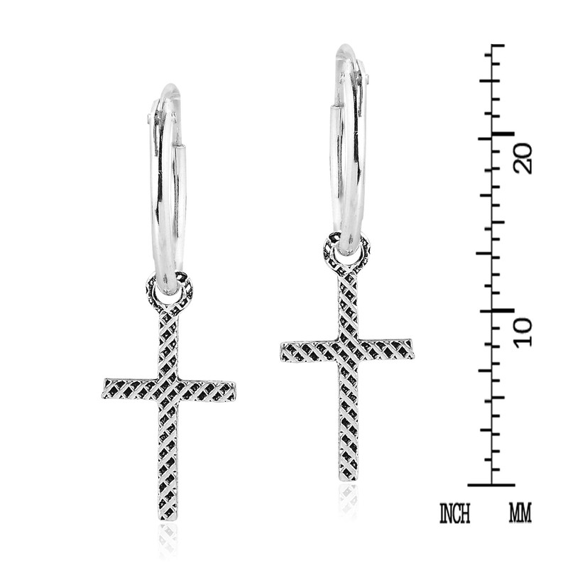 AeraVida Grid Pattern Cross Dangling Sterling Silver Hoop Earrings |